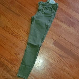 Womens Zara olive skinny jeans with rhinestone accent, mid rise sz 4.